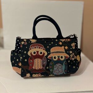 Tapestry Owl Print Handbag - Navy Multicolor